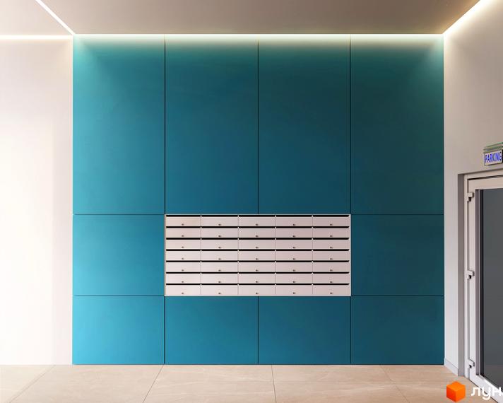 Сучасний дизайн фасаду житлового комплексу Fenix з елементами бірюзового кольору та вбудованими поштовими скриньками. Поруч розташовані двері з табличкою 