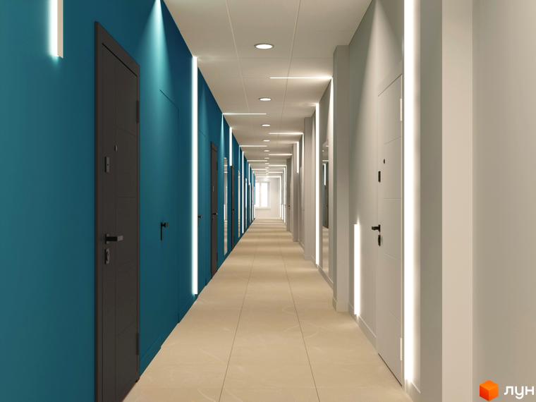 Сучасний коридор з дверима та підсвіткою в житловому комплексі Fenix. Візуалізація інтер'єру новобудови.