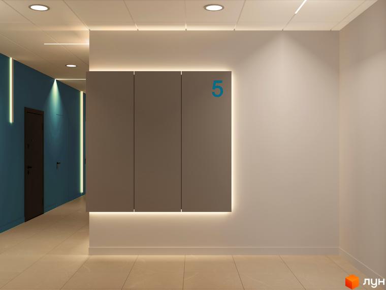 Дизайн холу житлового комплексу Fenix з дверима та підсвічуванням. Сучасний інтер'єр коридору з дверима та номером поверху.