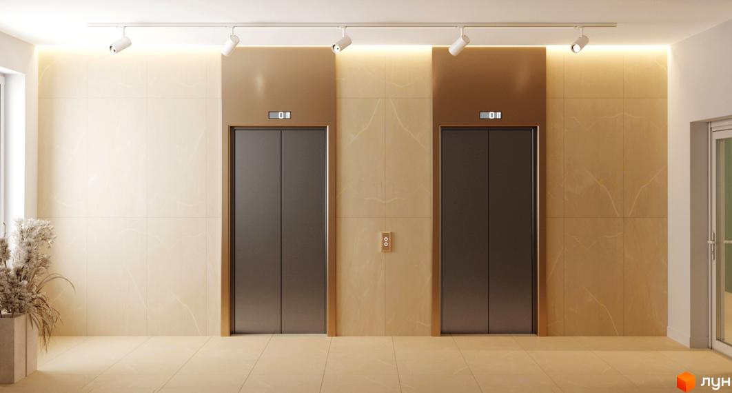 Сучасний хол житлового комплексу Fenix з двома дверима ліфта та елегантним дизайном стін. Оцініть комфорт та функціональність простору.