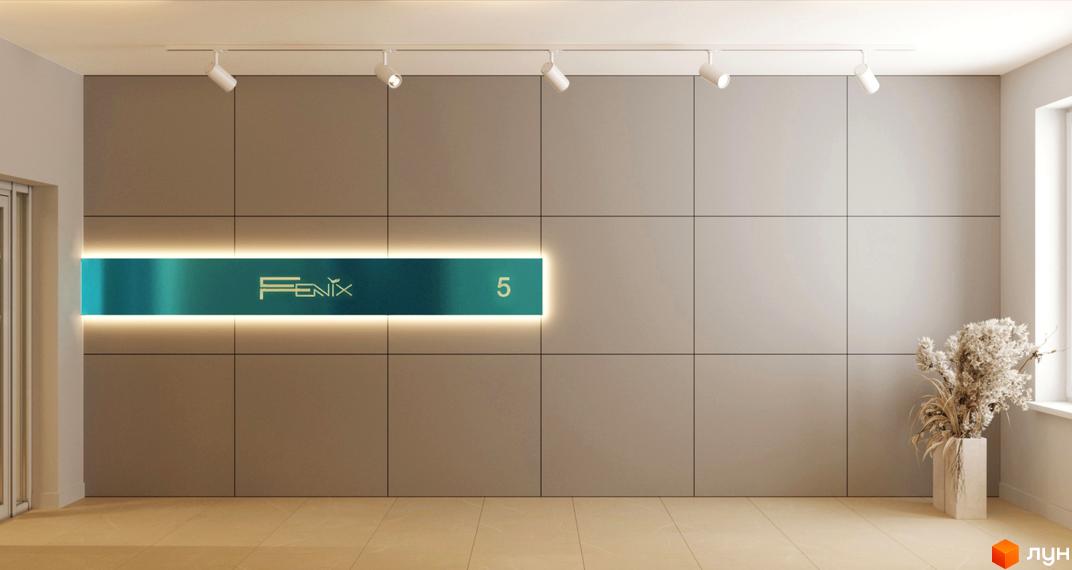 Житловий комплекс Fenix: фасадна панель з підсвічуванням та логотипом проєкту. Зовнішній вигляд новобудови.