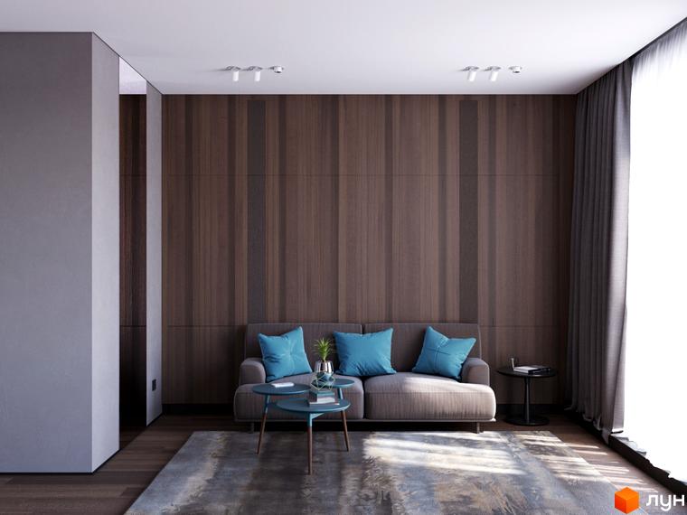 Інтер'єр вітальні з диваном та кавовими столиками у житловому комплексі Fenix. Дизайн кімнати виконаний у спокійних тонах з акцентами на дерев'яні панелі та бірюзові подушки.