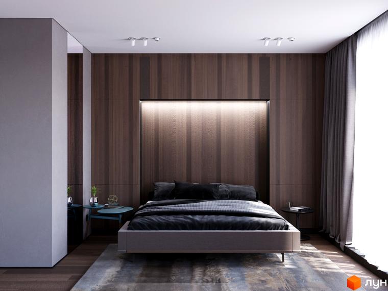 Затишна спальня в житловому комплексі Fenix з дерев'яною обробкою стін та підсвічуванням. Проєкт новобудови з сучасним дизайном.