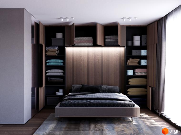 Сучасний інтер'єр спальні з вбудованими шафами та ліжком з м'яким узголів'ям. Дизайн кімнати виконаний у спокійних тонах з дерев'яними акцентами.