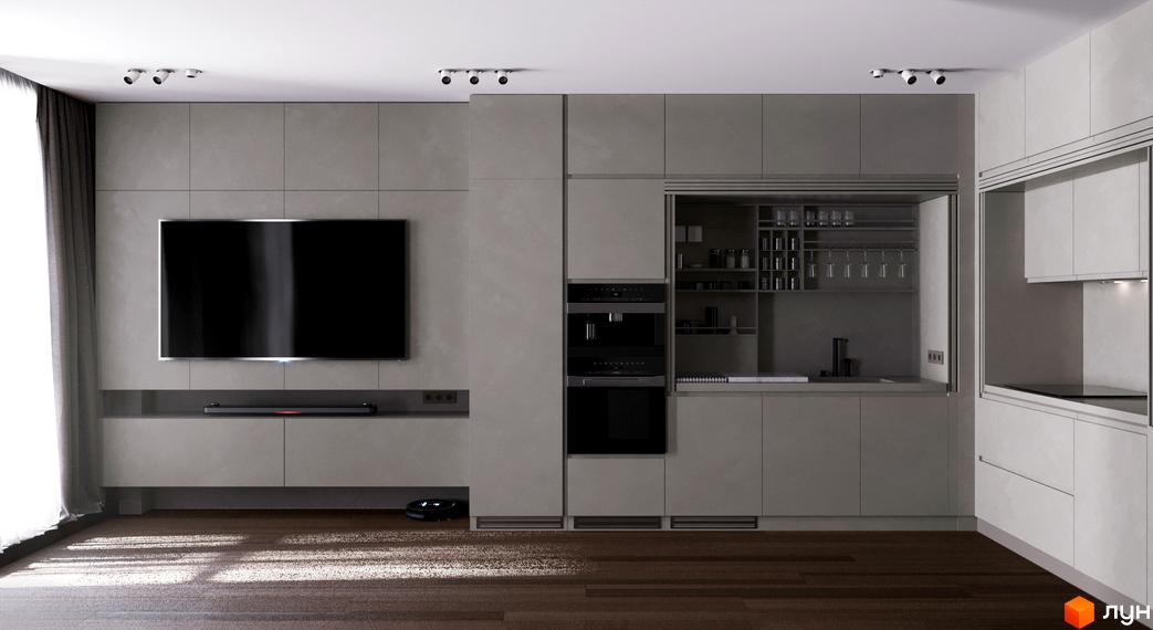 Сучасний інтер'єр квартири в житловому комплексі Fenix з телевізором та вбудованою кухнею. Простора вітальня з великими вікнами та видом на місто.