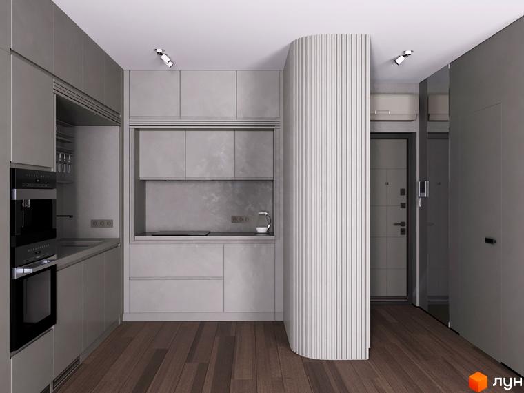 Інтер'єр кухні в житловому комплексі Fenix з сірими фасадами, вбудованою технікою та дерев'яною підлогою. Дизайн виконаний у мінімалістичному стилі.
