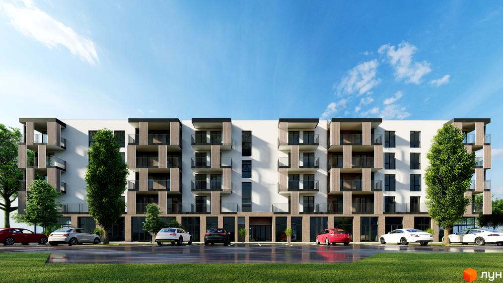 Зовнішній вигляд житлового комплексу CONTINENT LIFE з балконами та парковкою. Навколо комплексу зелені насадження та припарковані автомобілі.