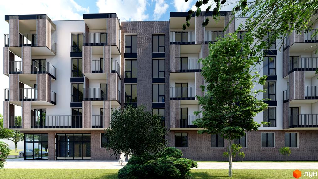 Зовнішній вигляд житлового комплексу CONTINENT LIFE з балконами та вікнами, оточений зеленою прибудинковою територією та деревами.