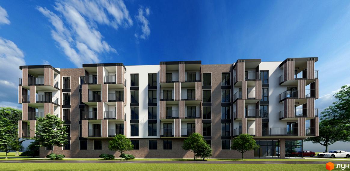 Зовнішній вигляд житлового комплексу CONTINENT LIFE з балконами та вікнами, оточений деревами та газоном. На парковці стоять автомобілі.