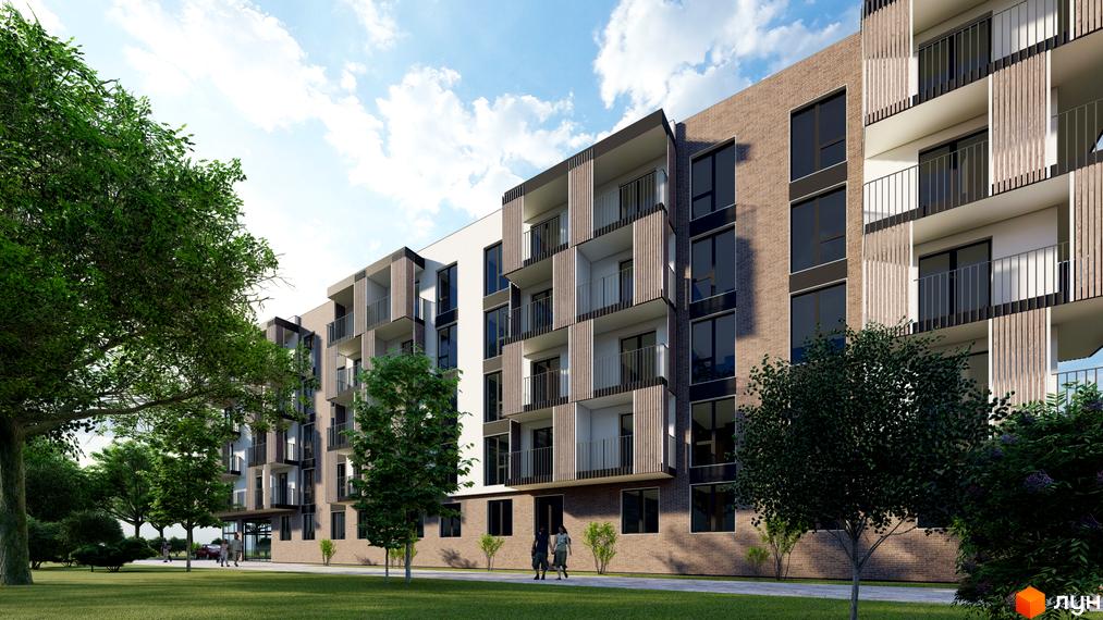 Житловий комплекс CONTINENT LIFE з цегляним фасадом та дерев'яними елементами на балконах, оточений зеленою прибудинковою територією з деревами та газоном.