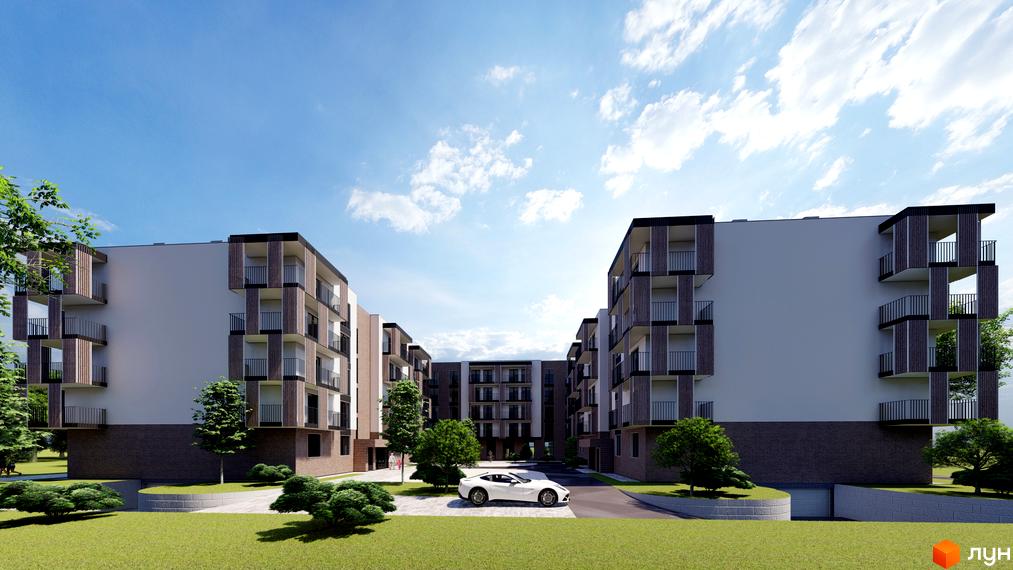 Житловий комплекс CONTINENT LIFE з фасадами, оздобленими дерев'яними елементами та балконами, на фоні блакитного неба з хмарами. На прибудинковій території розташовані зелені насадження та білий автомобіль.