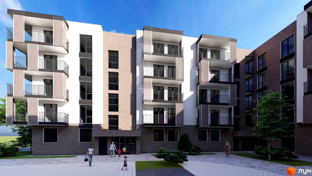 Житловий комплекс CONTINENT LIFE - фасади будівель з балконами та цегляним оздобленням, прибудинкова територія з пішохідними доріжками та зеленими насадженнями.