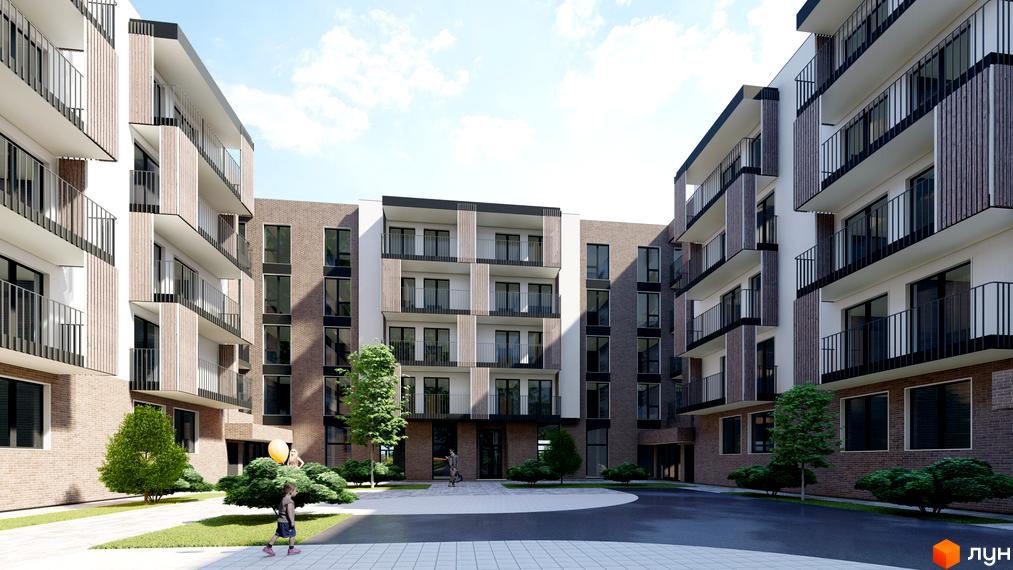 Зовнішній вигляд житлового комплексу CONTINENT LIFE з балконами та цегляним фасадом. Прибудинкова територія з зеленими насадженнями та дитячим майданчиком.