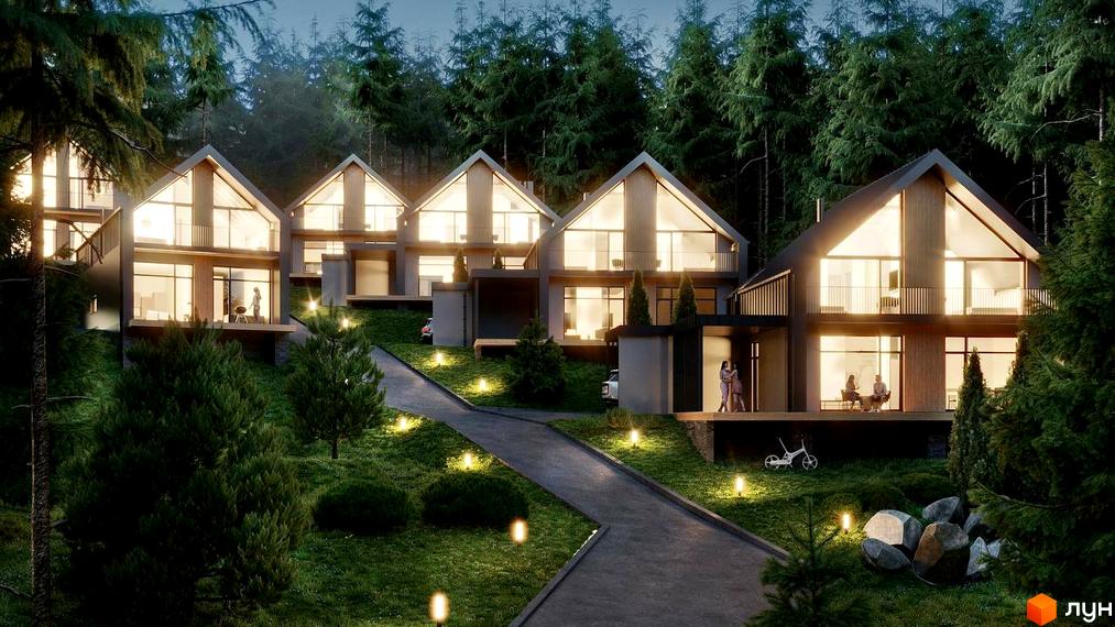 Котеджне містечко Bukovillage Residence з великими панорамними вікнами та терасами, розташоване серед лісу з доглянутою територією та освітленням.