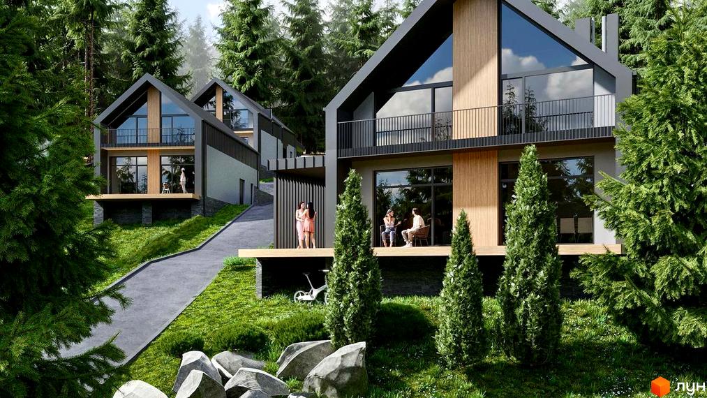 Котеджне містечко Bukovillage Residence: двоповерхові будинки з великими вікнами та балконами в оточенні лісу, з доглянутою прибудинковою територією та стежками.