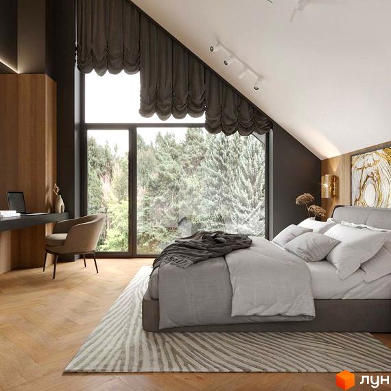 Спальня в котеджному містечку КМ Bukovillage Residence з великим вікном та видом на ліс. Затишна атмосфера для відпочинку та роботи.
