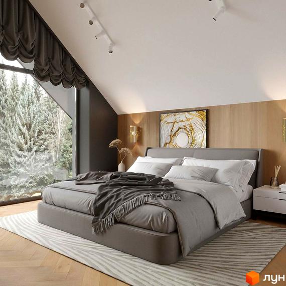 Затишна спальня в котеджі КМ Bukovillage Residence з панорамним вікном та видом на зимовий ліс. Сучасний дизайн інтер'єру з акцентом на природні матеріали.