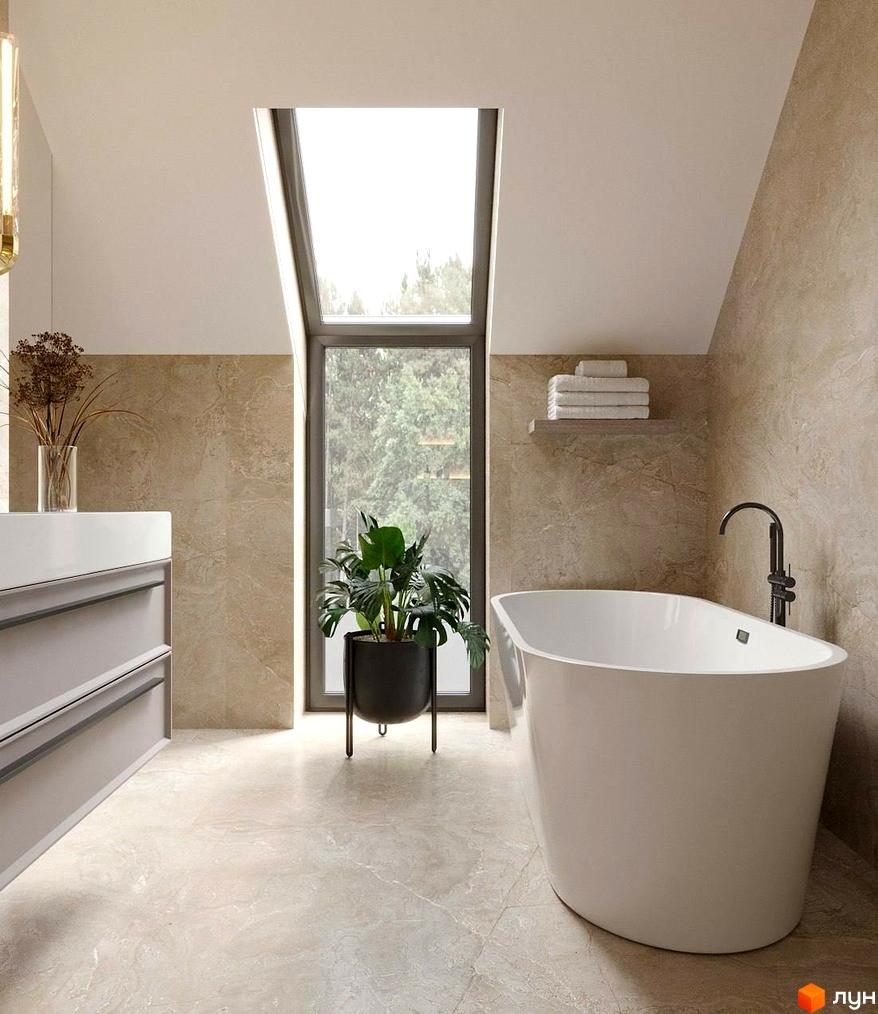 Дизайн ванної кімнати в світлих тонах з окремо стоячою ванною та великим вікном. КМ Bukovillage Residence – комфортне життя в оточенні природи.