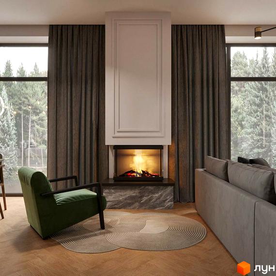 Інтер'єр вітальні з каміном у котеджному містечку Bukovillage Residence. Вікна з видом на ліс, зелене крісло та сірий диван.