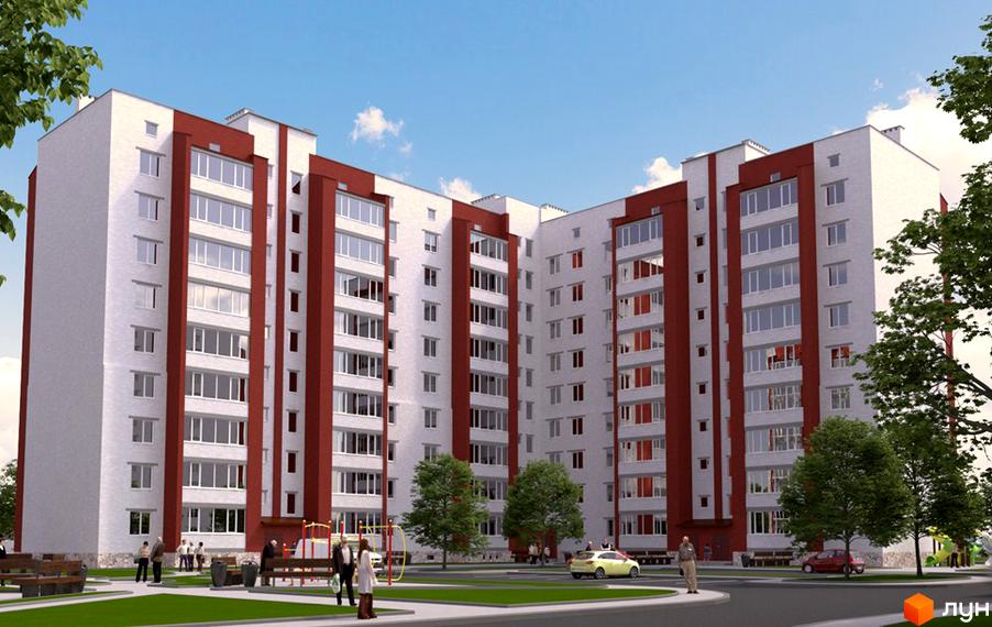 Житловий комплекс Оберіг з сучасною архітектурою та прибудинковою територією з зеленими насадженнями та дитячим майданчиком.