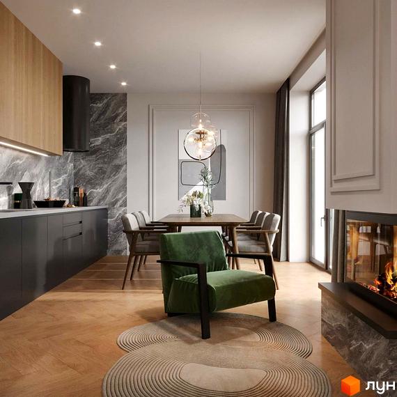 Інтер'єр кухні-вітальні з каміном та обідньою зоною в котеджному містечку КМ Bukovillage Residence. Дизайн виконаний у сірих та дерев'яних тонах.