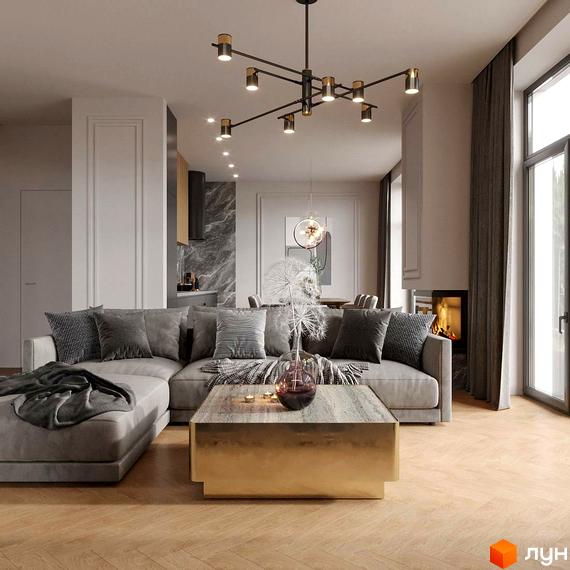 Інтер'єр вітальні в котеджному містечку КМ Bukovillage Residence з сірим диваном та кавовим столиком. Сучасний дизайн з каміном та великими вікнами.