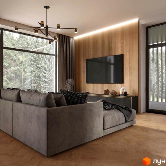 Інтер'єр вітальні у котеджному містечку КМ Bukovillage Residence з великим вікном та диваном. Сучасний дизайн вітальні з телевізором на дерев'яній стіні.