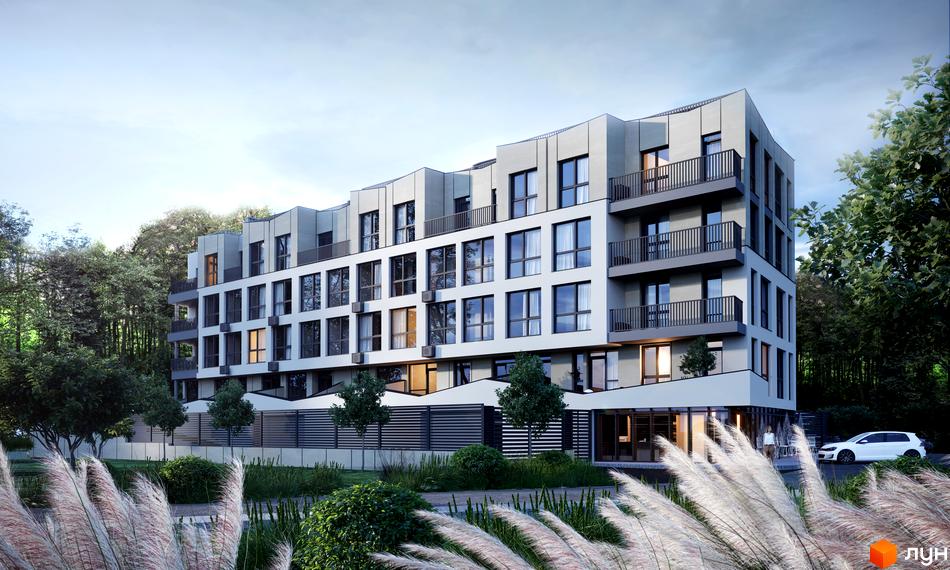 Клубний будинок Forest Etalon Club з багаторівневою фасадною частиною та балконами, оточений деревами та зеленню.