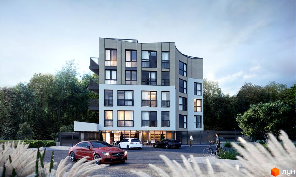 Клубний будинок Forest Etalon Club з вигнутим дахом, світлим фасадом та балконами. Перед будинком парковка з автомобілями та зелені насадження.