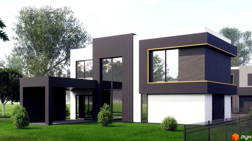 Котеджне містечко КМ PARK by berezivka. Сучасний двоповерховий будинок з великими вікнами та чорним навісом, розташований на доглянутій зеленій ділянці з кущами та парканом.