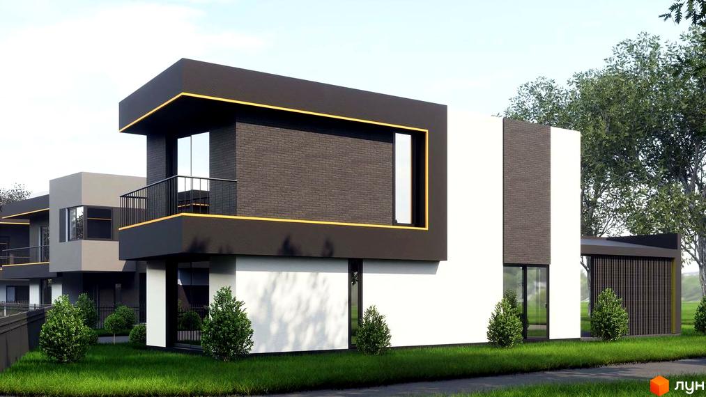 Котеджне містечко КМ PARK by berezivka: двоповерхові будинки з чорними та білими фасадами, великими вікнами та балконами, зеленою прибудинковою територією з кущами та деревами.