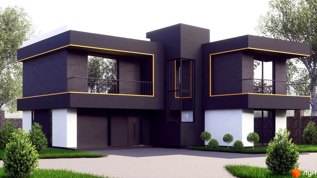 Сучасний двоповерховий будинок з чорним фасадом та золотими елементами, з балконами та великими вікнами, оточений зеленню та доглянутою прибудинковою територією.