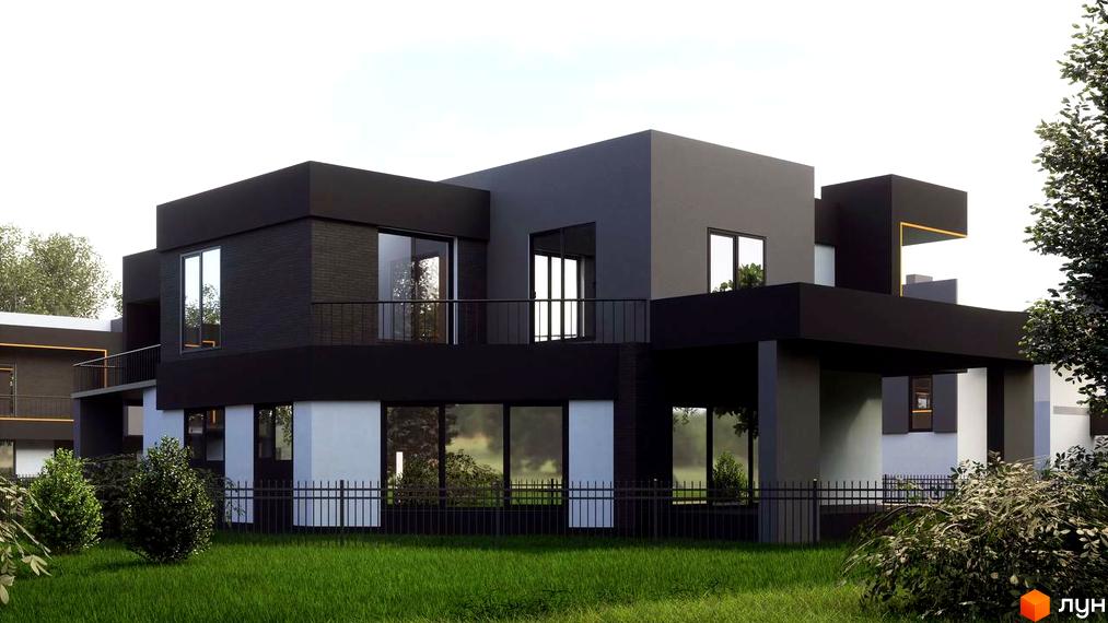 Котеджне містечко КМ PARK by berezivka: двоповерховий будинок з чорним фасадом, великими вікнами та зеленою галявиною перед ним. Навколо будинку розташовані кущі та дерева, а територія огороджена парканом.