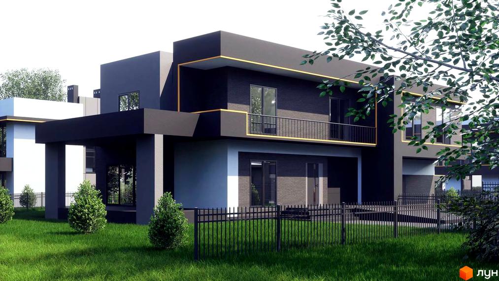 Котеджне містечко PARK by berezivka має двоповерхові будинки з темними та світлими фасадами, великими вікнами та балконом. Перед будинками — зелена галявина та чорний паркан.