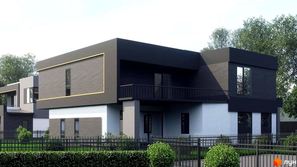 Котеджне містечко КМ PARK by berezivka. Сучасний двоповерховий будинок з темними фасадами, великими вікнами та балконом. Озеленена територія з парканом та кущами.