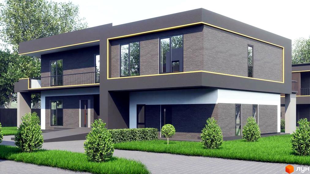 Зовнішній вигляд будинку КМ PARK by berezivka з цегляним фасадом та великими вікнами. На прибудинковій території зелений газон та кущі.