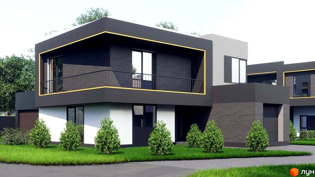 Котеджне містечко КМ PARK by berezivka. Сучасні двоповерхові будинки з чорними та сірими фасадами, великими вікнами, балконами та доглянутою прибудинковою територією з газоном та кущами.