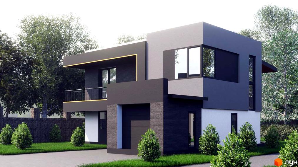 Котеджне містечко КМ PARK by berezivka. Сучасний двоповерховий будинок з великими вікнами та балконом, оточений зеленню та доглянутим газоном.