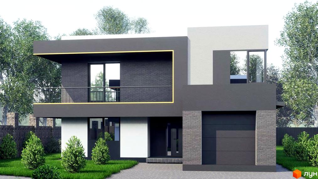 Котеджне містечко КМ PARK by berezivka: двоповерховий будинок з гаражем, балконом та великими вікнами на тлі дерев. Прибудинкова територія з газоном та кущами.