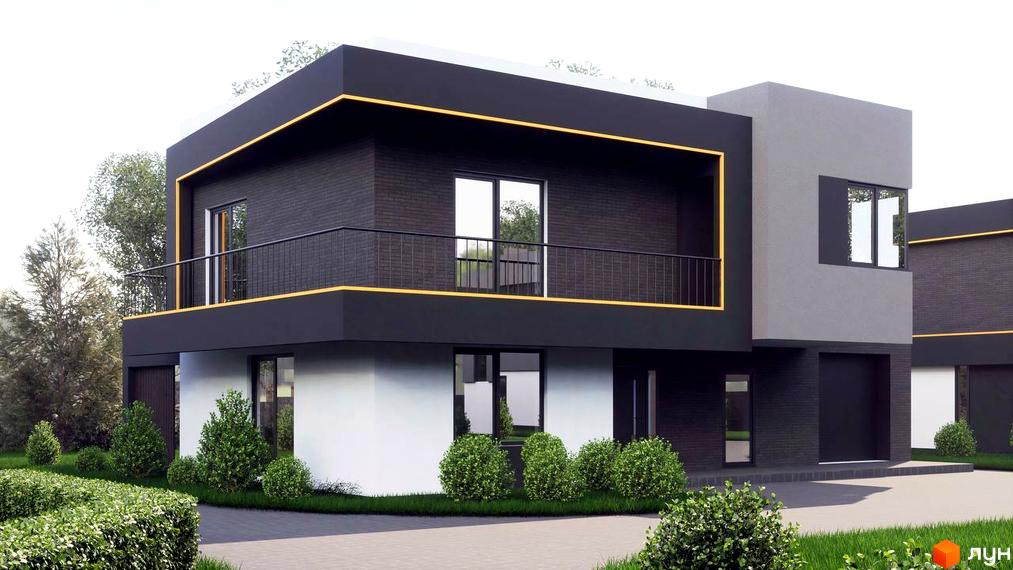 Котеджне містечко КМ PARK by berezivka. Зовнішній вигляд будинку з чорним та білим фасадом, балконом та вікнами. Прибудинкова територія з кущами та деревами.