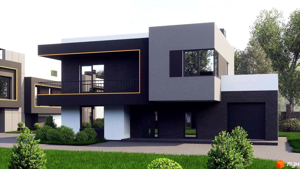 Сучасна архітектура КМ PARK by berezivka: двоповерхові будинки з темною цегляною обробкою, великими вікнами та балконами, оточені доглянутим газоном та кущами.