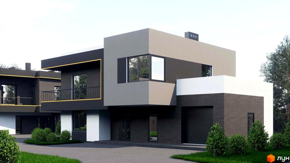 Котеджне містечко КМ PARK by berezivka. Сучасні будинки з сірими та чорними фасадами, великими вікнами та балконами, прибудинкова територія з газоном та кущами.