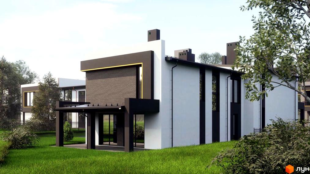 Зовнішній вигляд будинку житлового комплексу КМ PARK by berezivka з сірою цегляною обробкою та білими стінами. Навколо будинку зелений газон та дерева.