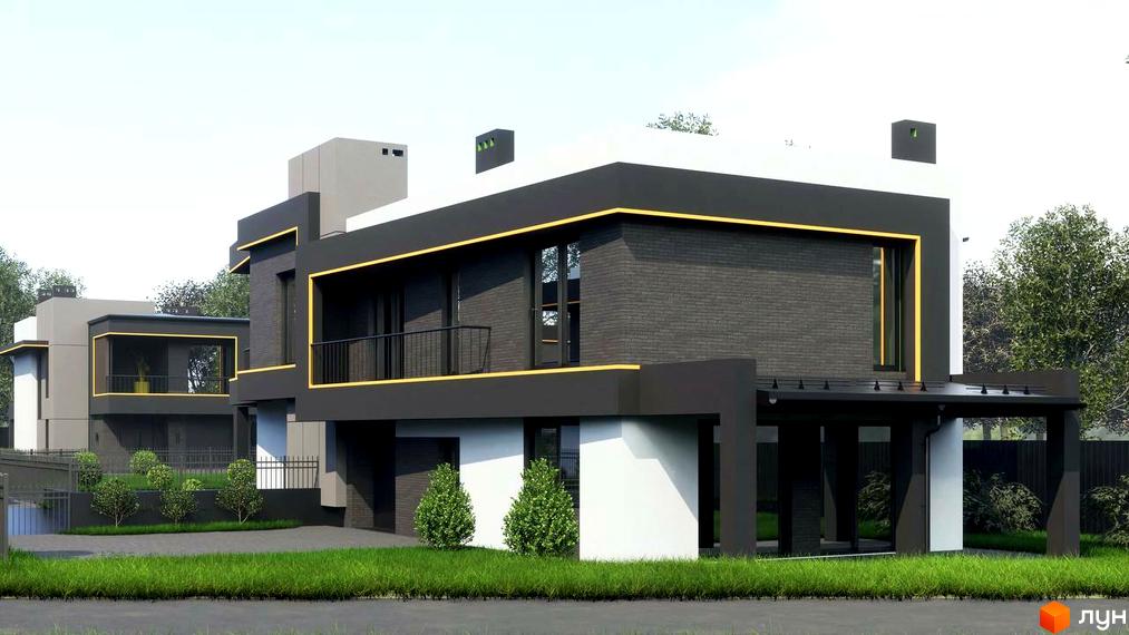 Зовнішній вигляд будинку КМ PARK by berezivka з темною цегляною обробкою та жовтими акцентами, прибудинкова територія з доглянутим газоном та деревами.