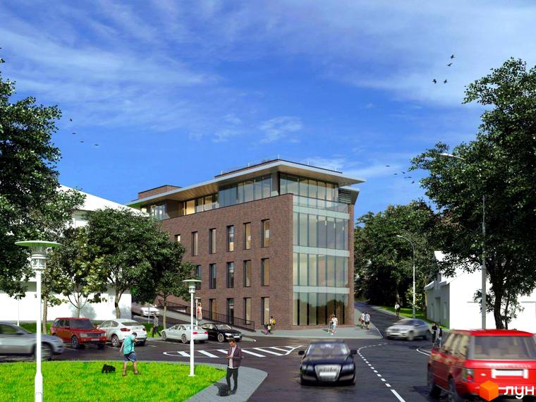 Житловий комплекс Silver Med&Apart з цегляним фасадом та скляними елементами, розташований біля дороги з прибудинковою територією та зеленими насадженнями.