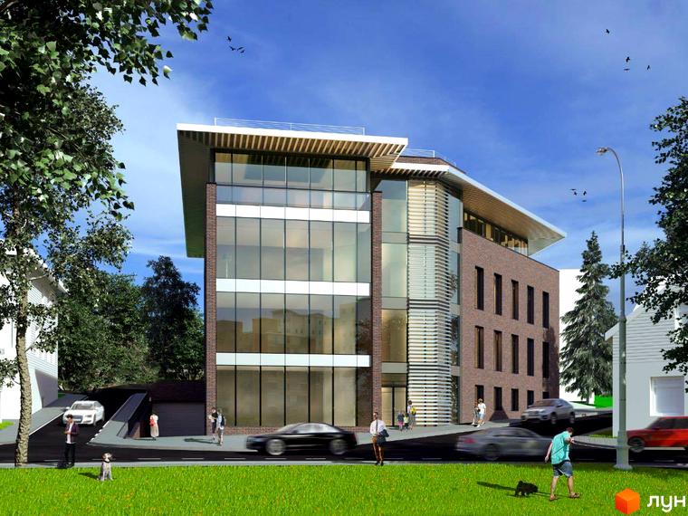 Зовнішній вигляд новобудови Silver Med&Apart з цегляним фасадом та великими вікнами. Навколо будинку зелена галявина та дорога з автомобілями.