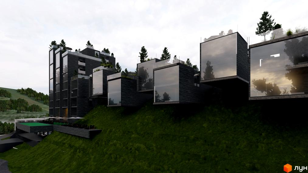 Апарт-комплекс Crystal Hills з темними фасадами та скляними елементами, розташований на схилі гори з басейном та зоною відпочинку.