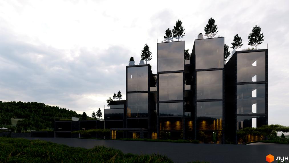 Апарт-комплекс Crystal Hills з панорамними вікнами та деревами на дахах розташований на фоні лісистого схилу.