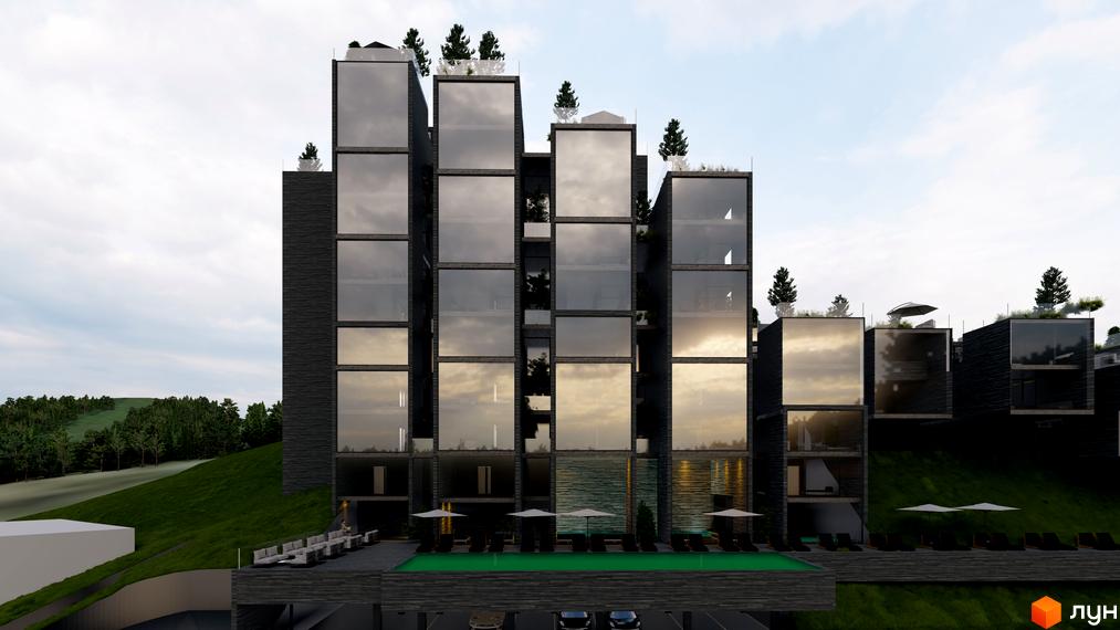 Апарт-комплекс Crystal Hills з панорамними вікнами та басейном, розташований на схилі гори серед дерев.