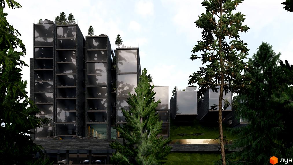 Апарт-комплекс Crystal Hills з темними фасадами та великими вікнами, оточений деревами. На території видно зелений схил та паркінг з автомобілями.